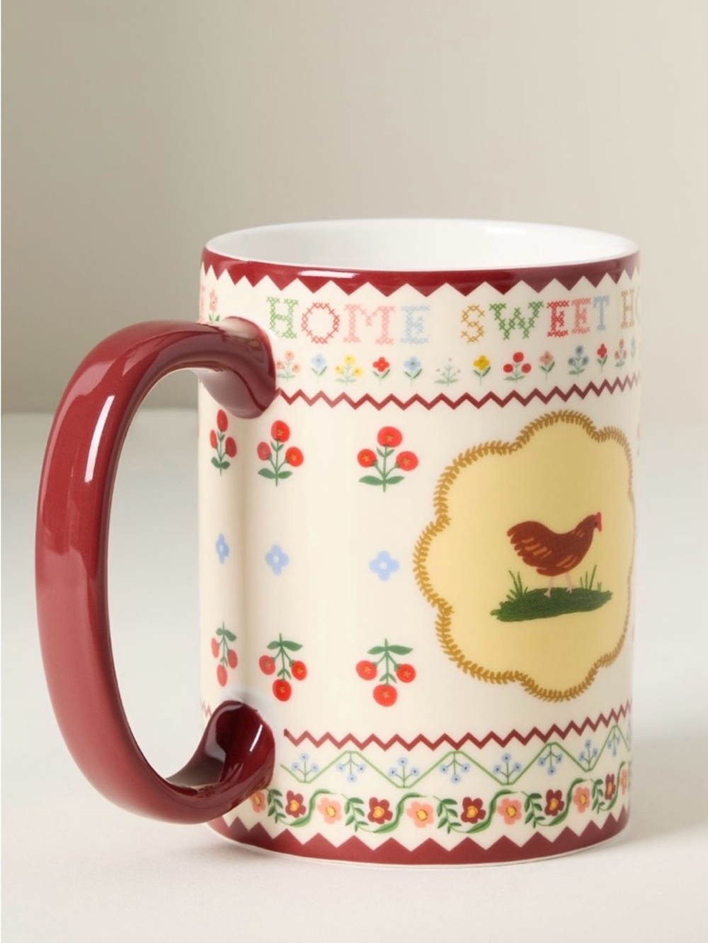 Rifle Paper Co. Cream Mug with Red Handle and Floral Cow Design - Picture 3 of 6